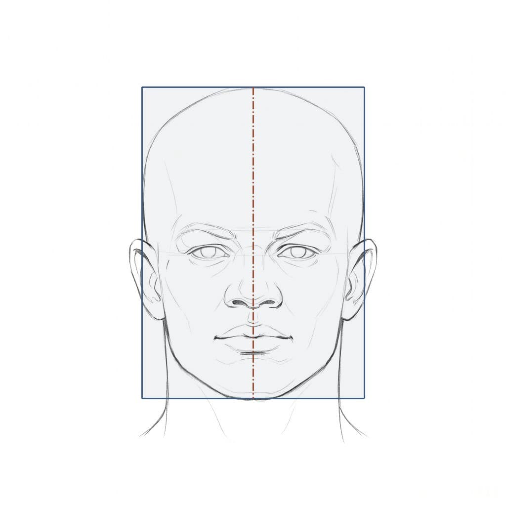 Pencil drawing of a bald head from the front inside a tall box outline, the ears standing out past its sides and a center line down the face