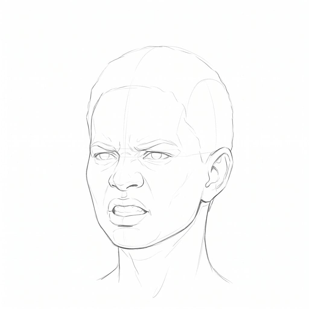 Pencil drawing of the same head in anger, turned a little to the side, with lowered pinched brows, a crease across the top of the nose and the upper lip lifted off the teeth