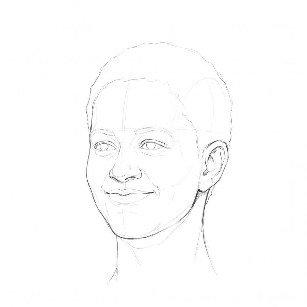 Pencil drawing of the same head smiling at a slight three-quarter turn