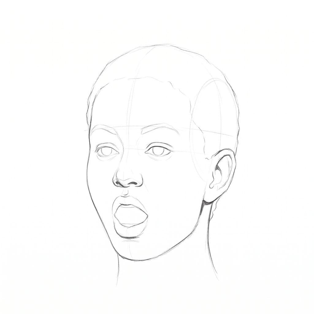 Pencil drawing of the same head in surprise, turned a little to the side, with high arched brows, an open oval mouth and a long jaw