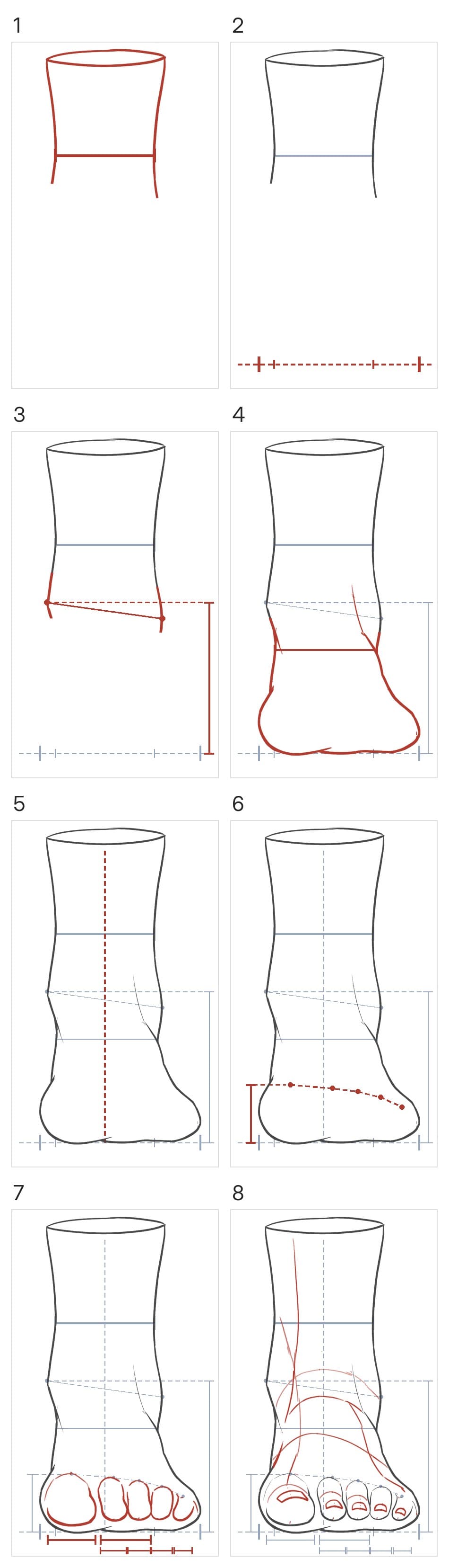 Eight panels building the foot from the front: the leg with a bar across it, the ground with the width marked, the ankle bumps and their height, the outline under them, a dashed line down the middle, the slanted line of the toe tops, the toes with their widths marked under them, then the nails and inside lines