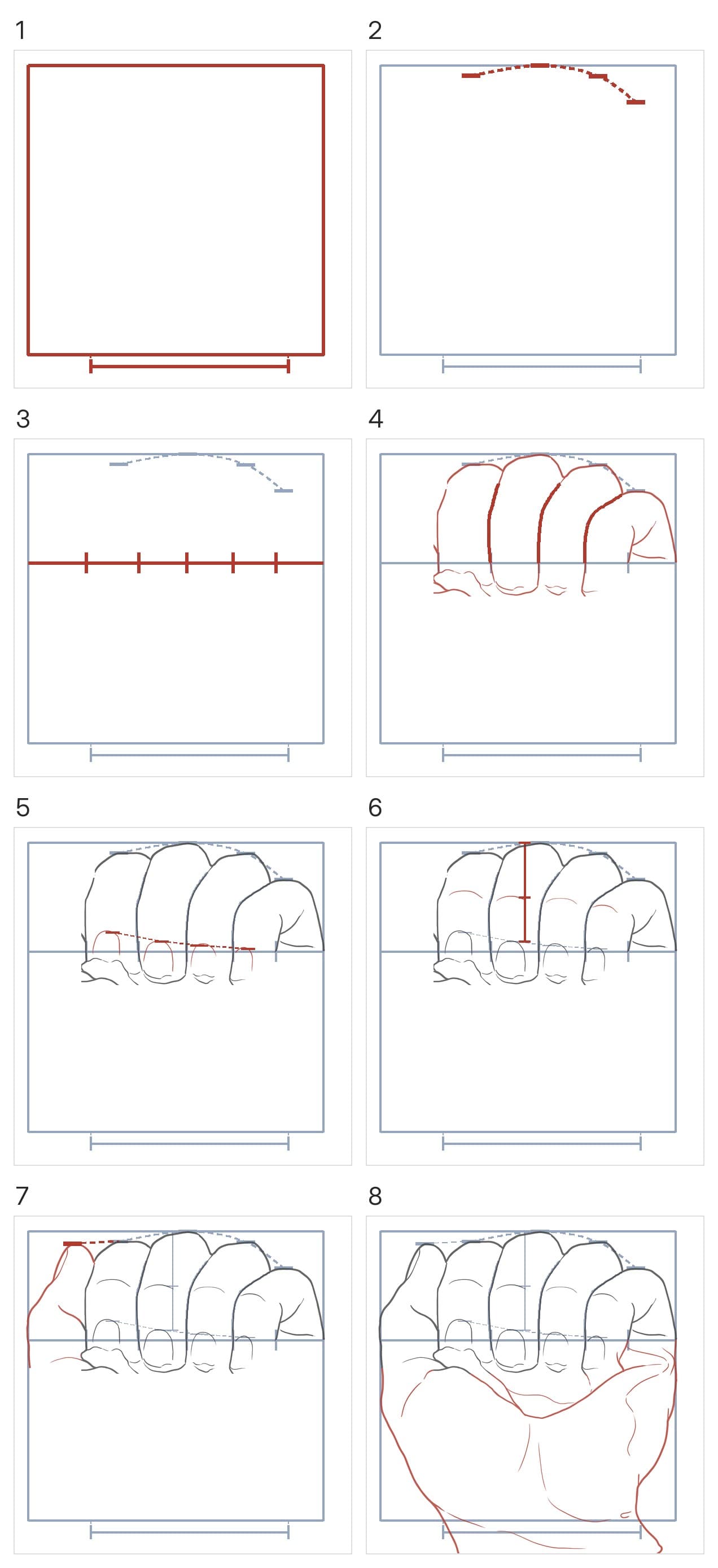 Eight panels building the fist step by step: a square with the wrist's width marked under it, a dashed arc for the finger tops, a line through the nails split into bands, the finger outlines, the nails, the creases, the thumb, then the palm and wrist