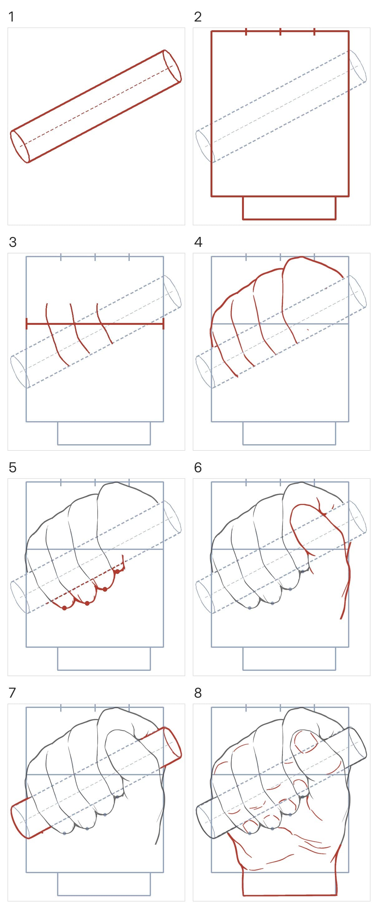 Eight panels building the grip: a slanted cylinder, boxes for the fist and wrist, finger bands, the finger outlines, the fingertips, the thumb, the handle's ends, then the palm, wrist, nails and creases