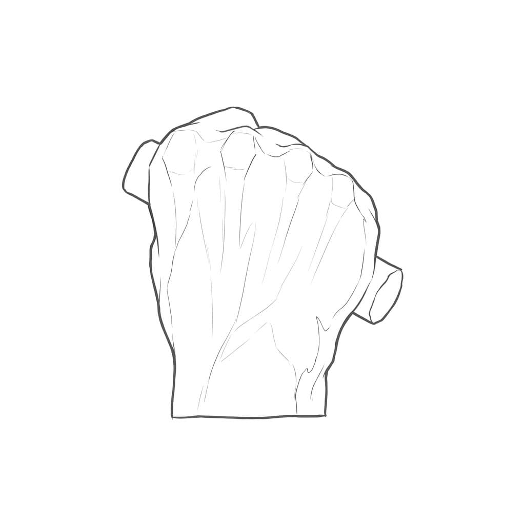 Line drawing of the back of a fist around a handle, with the knuckles stepping down across the top