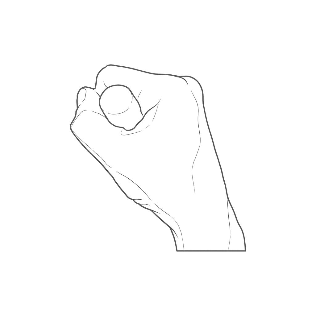 Line drawing of a gripping hand seen from the thumb side, with the end of the handle showing nearly round