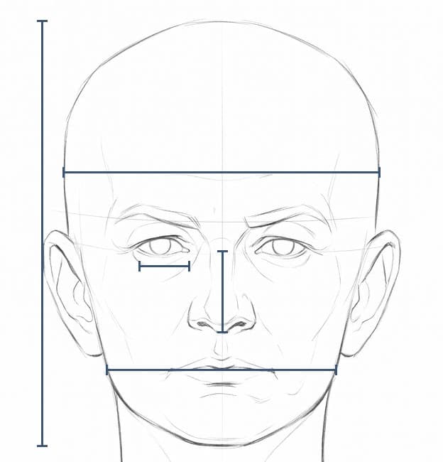 A bald head from the front with five bars: crown to chin beside it, across the skull, under one eye, down the nose and across the mouth.