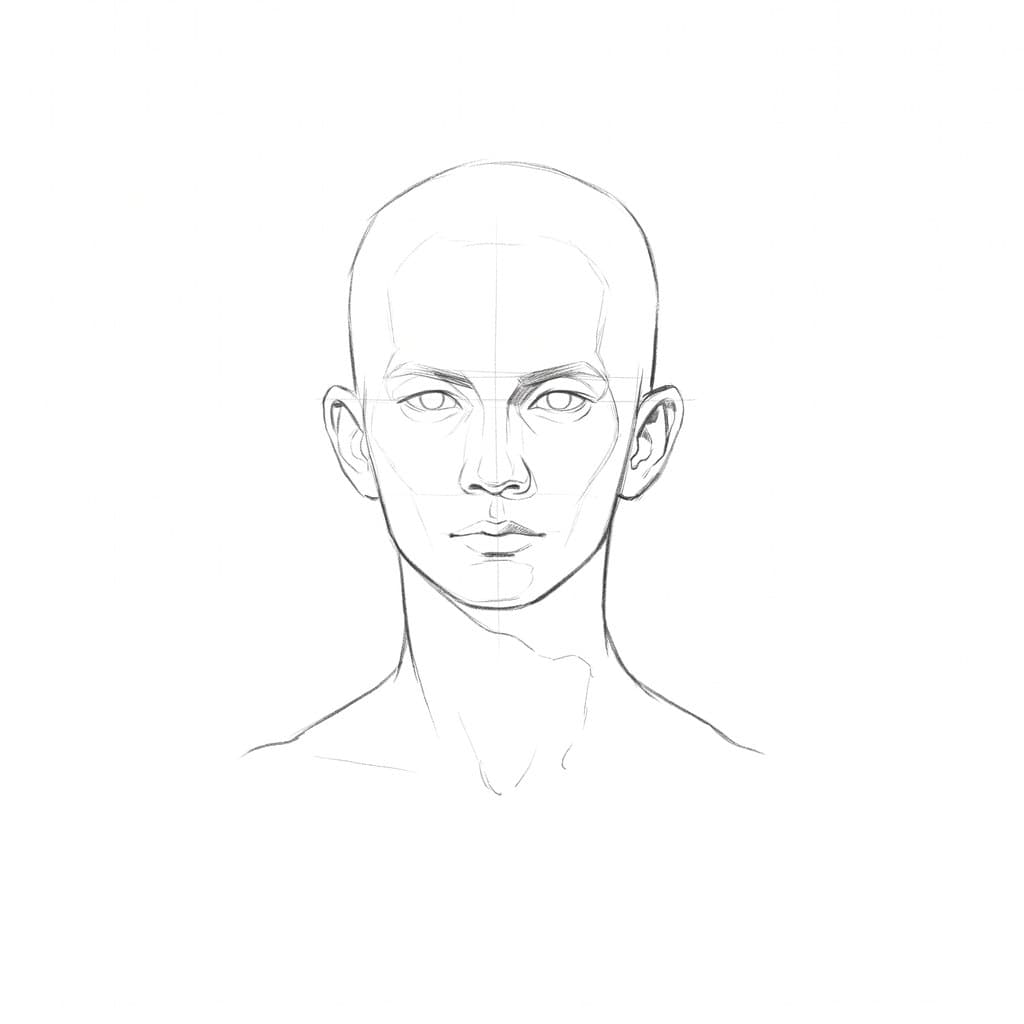 Pencil drawing of the same bust from the front, with the neck narrower than the cranium and a small hollow at its base
