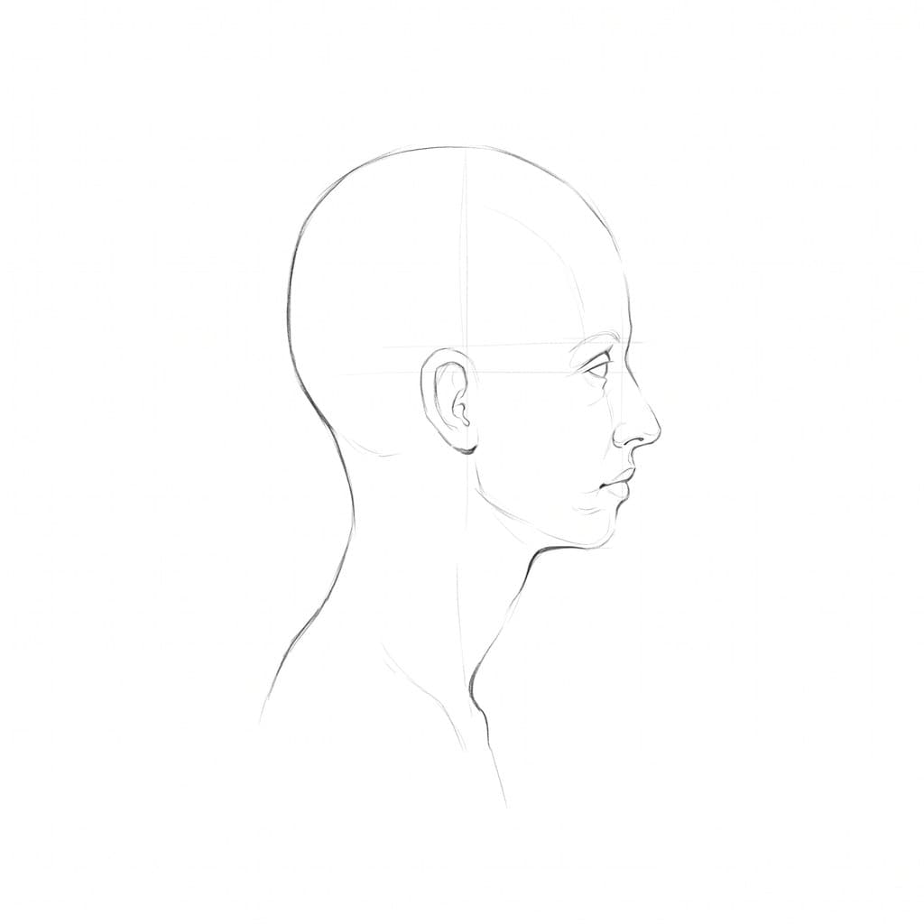 Pencil drawing of a bald head and shoulders in profile, with the neck leaning forward from the shoulders to the jaw