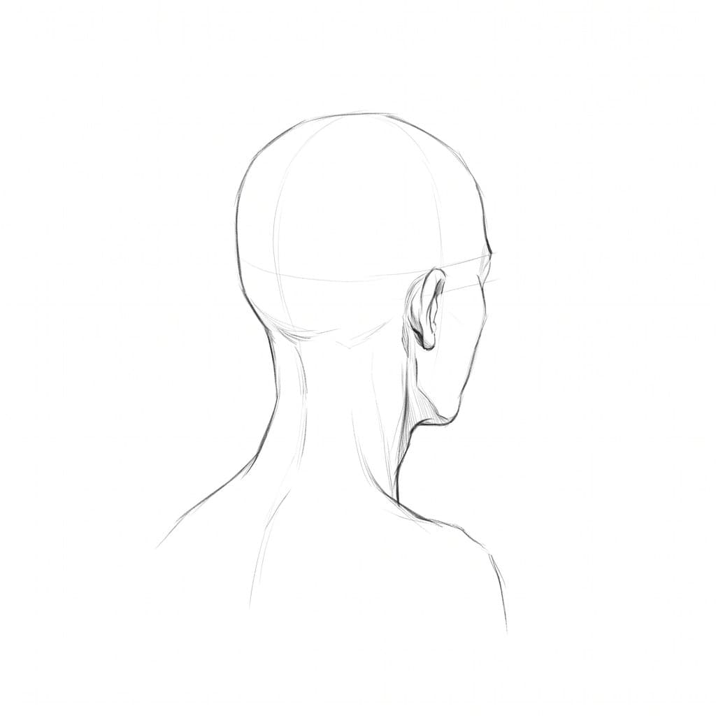 Pencil drawing of the bust seen from behind at three quarters, with the back of the neck sloping out into the shoulders