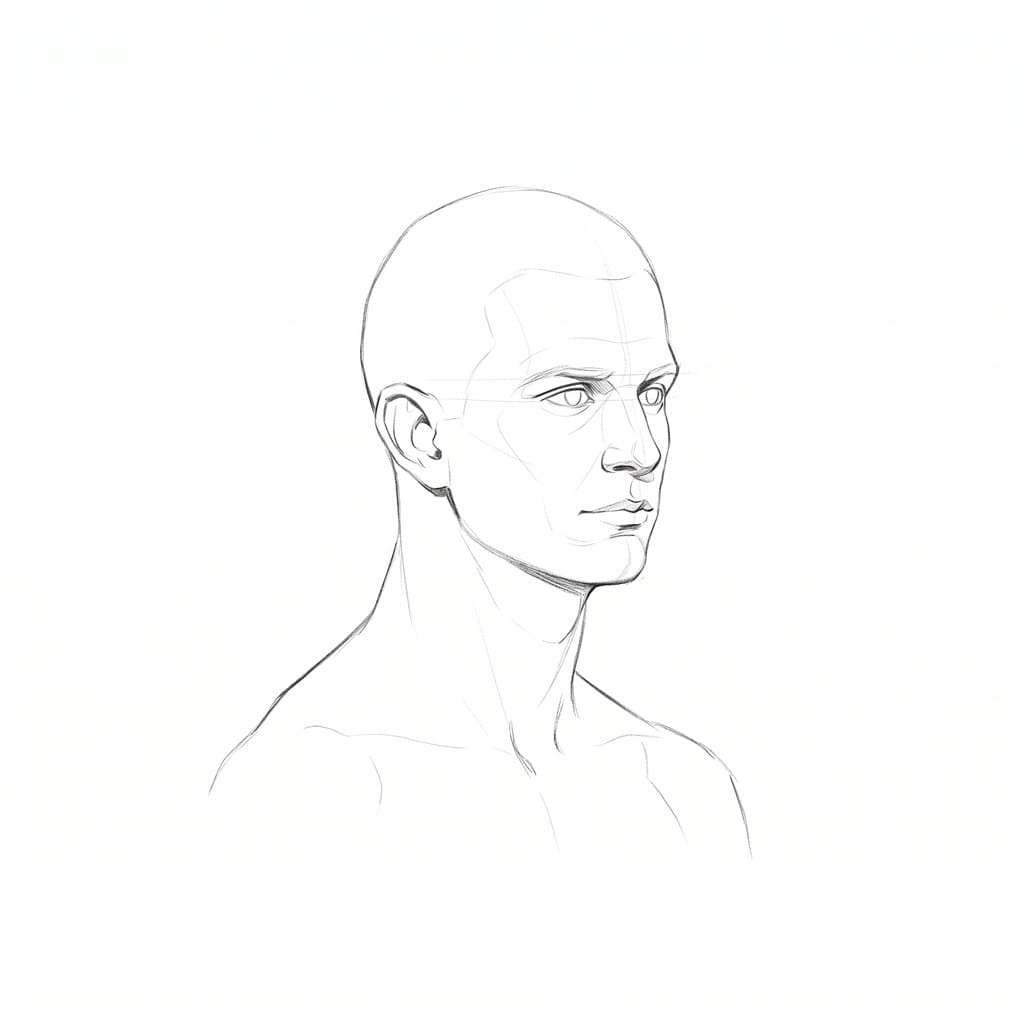 Pencil drawing of a second bust at a three-quarter turn, with a thicker neck