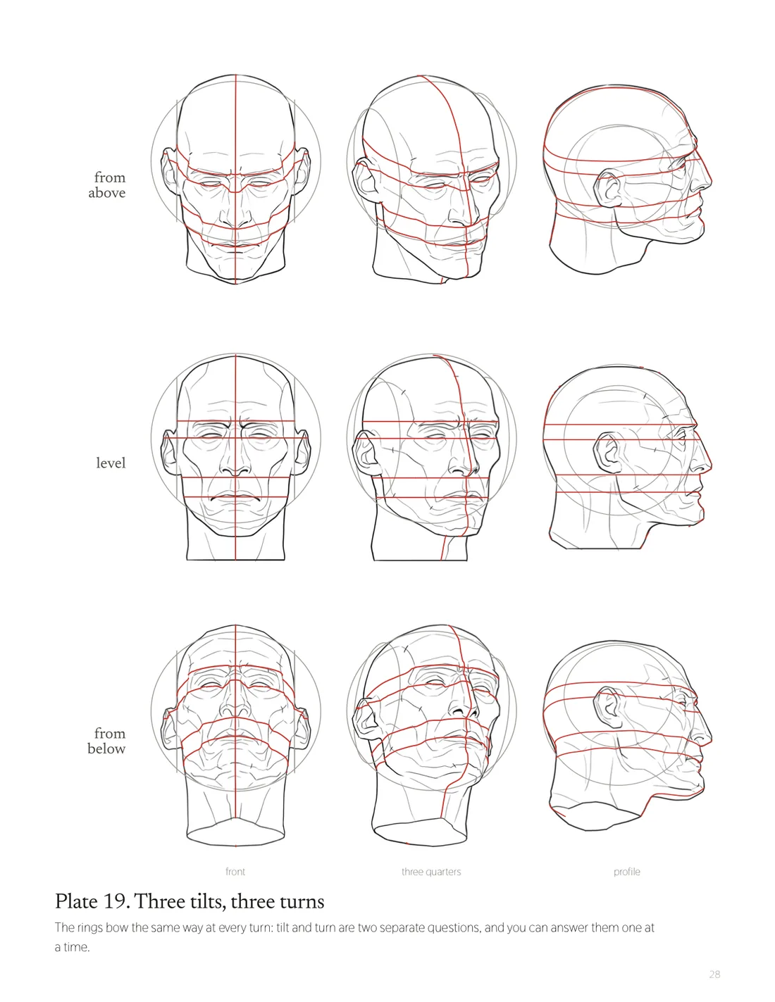 How to Draw the Head, page 28: Plate 19: three tilts, three turns