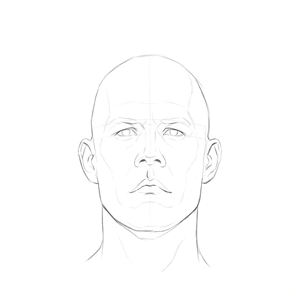 Pencil drawing of a bald head from the front, with a dark ridge line on one side of the groove under the nose and a faint one on the other