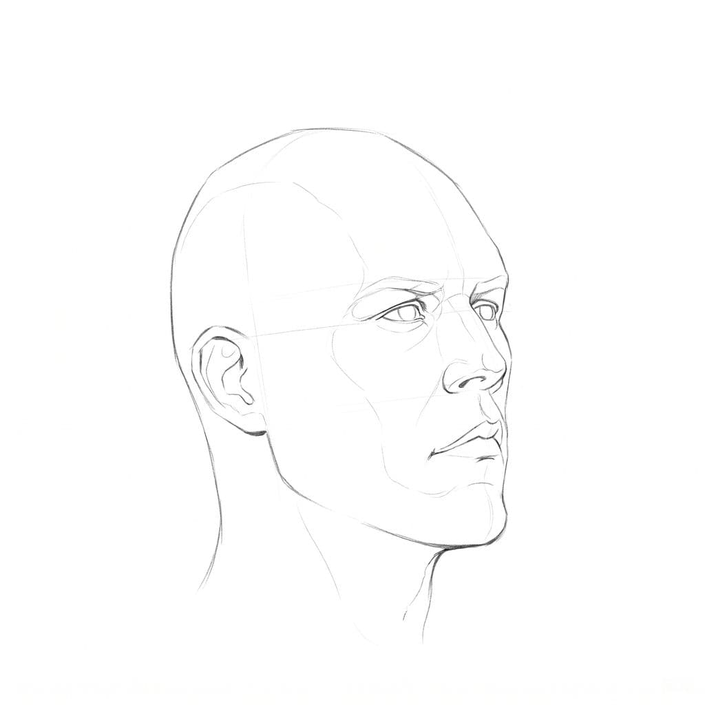 Pencil drawing of a head in three-quarter view with the cheekbone, jaw corner and chin clearly turning