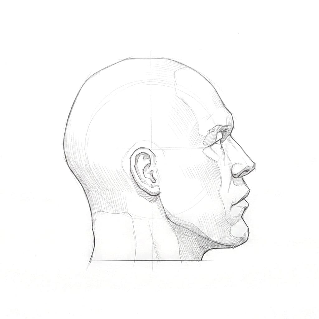 Pencil drawing of a heavy bald head in profile, with a sloping forehead that bends into a near-vertical brow ridge above the eye