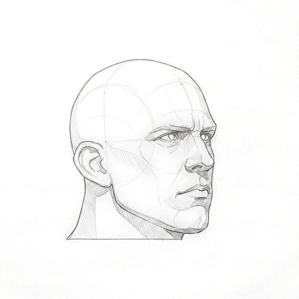 Pencil drawing of a broad-jawed head at a three-quarter turn
