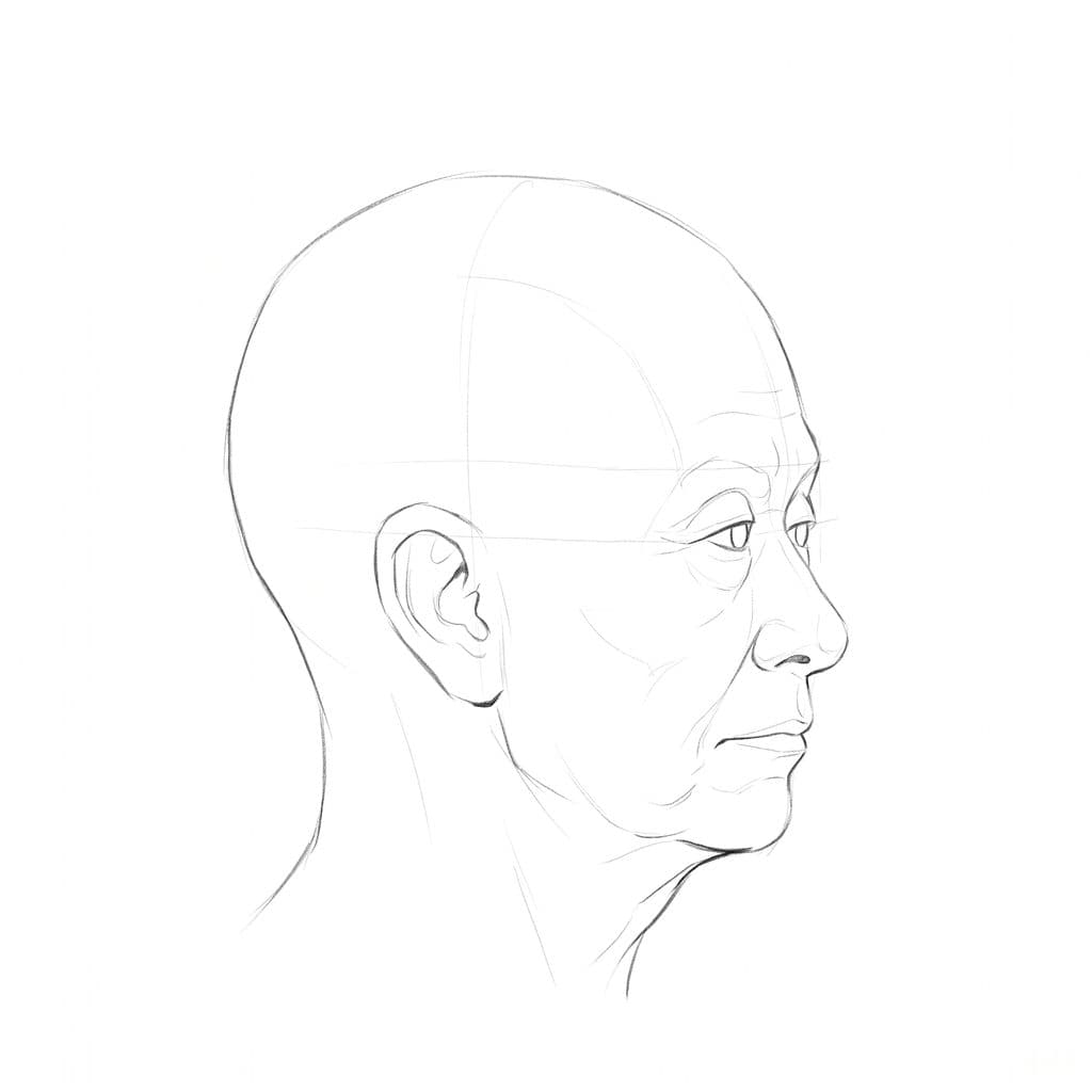 Pencil drawing of a bald head in near profile, with the nose forming the outline and a wedge of the far eye showing past the bridge
