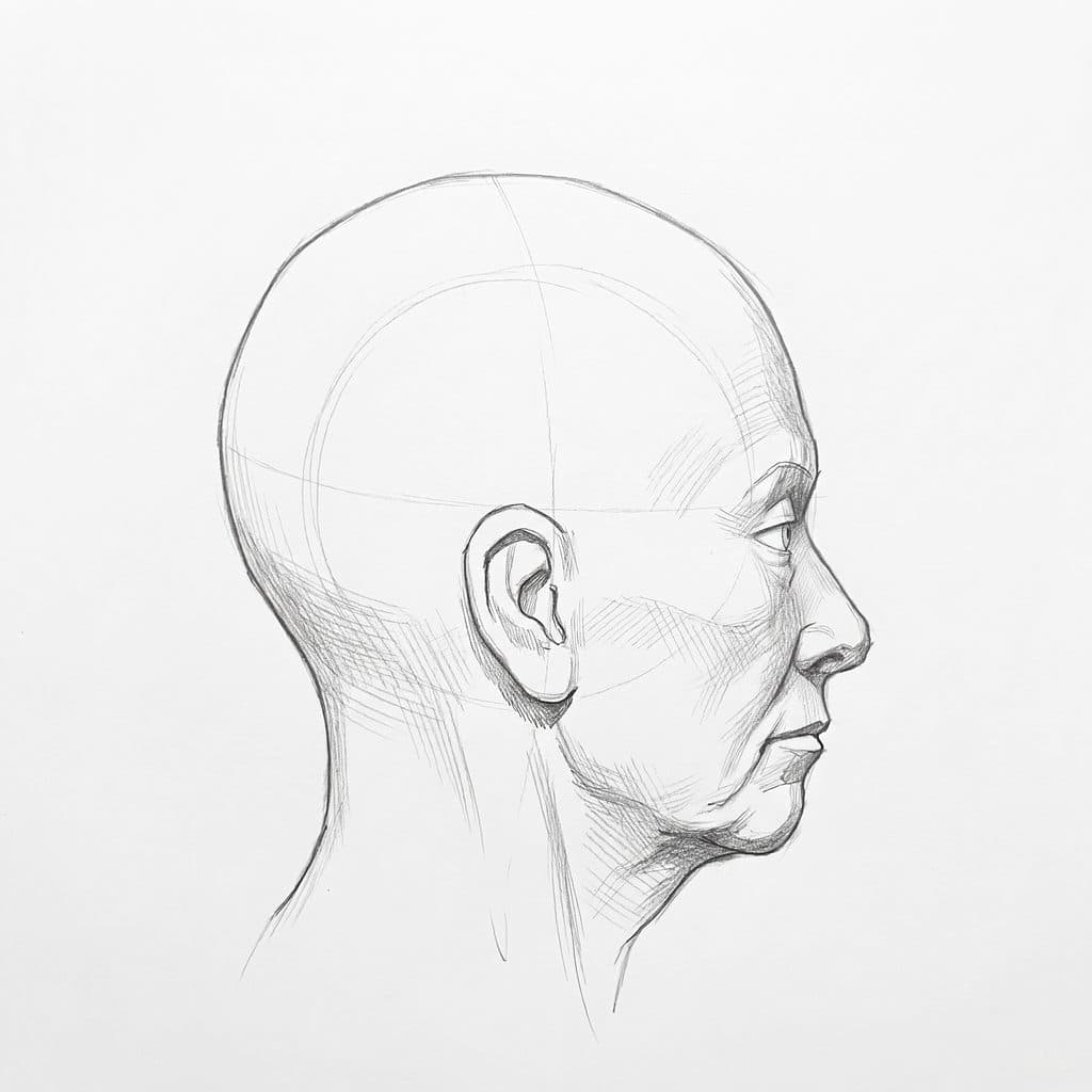 Pencil drawing of an older head in profile, with a jowl at the jaw line and lines in the neck