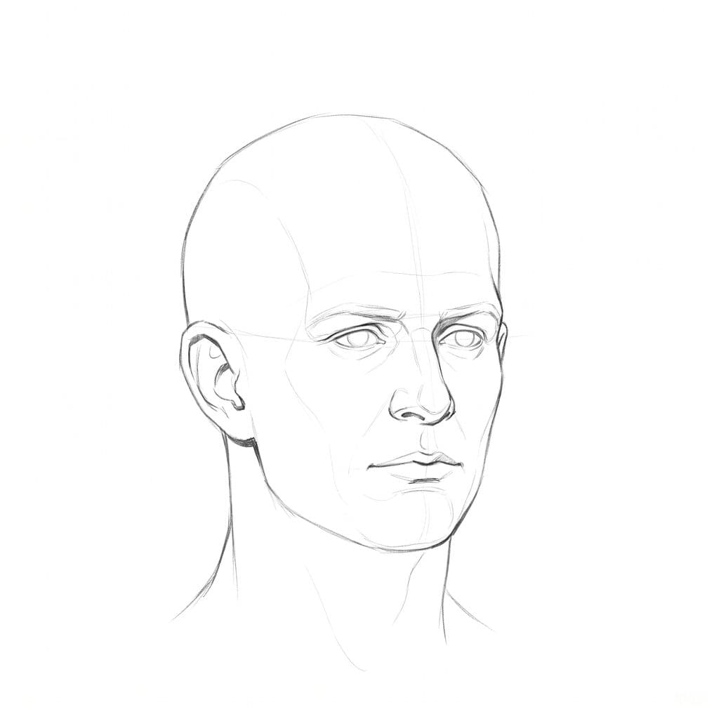 Pencil drawing of a bald head turned slightly away, with the far half of the mouth shorter than the near half