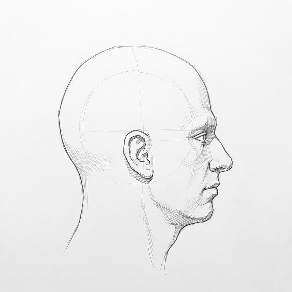Pencil drawing of a square-jawed bald head in profile with thin lips and a notch above the chin