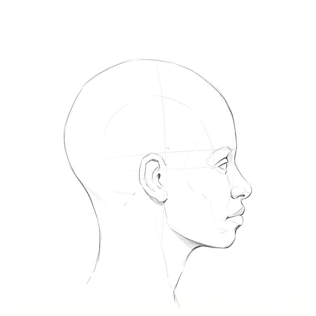 Pencil drawing of a bald head in profile with a narrow ear that leans back only a little