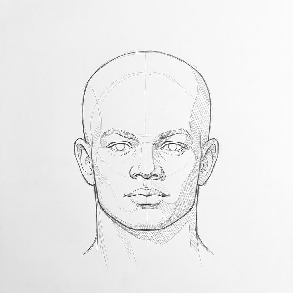 Pencil drawing of a head with high cheekbones from the front, with a soft side plane