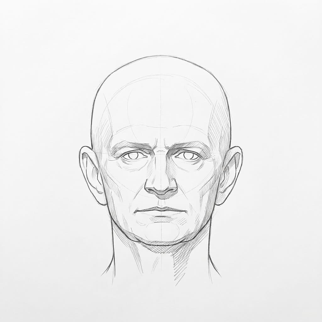 Tonal drawing of a heavy-browed head from the front, with hatching from the brow down over the upper lids