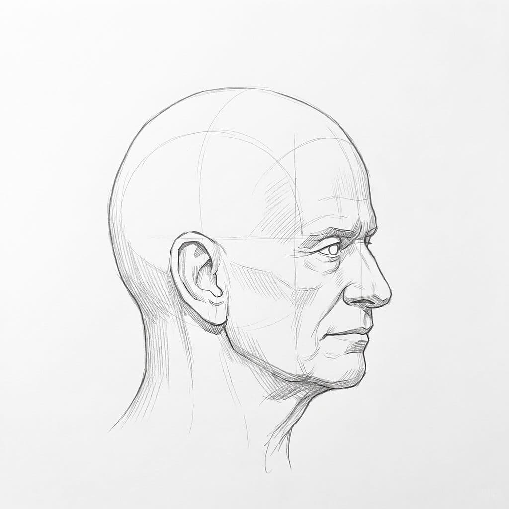 Tonal drawing of a heavy-browed head in near profile with the brow ridge over the eye