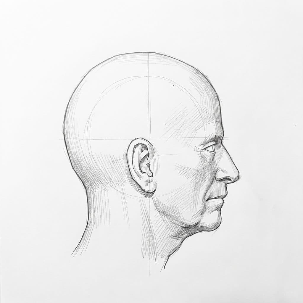 Tonal drawing of a heavy-browed head in profile, with a dark plane under the brow and a light upper lid below it