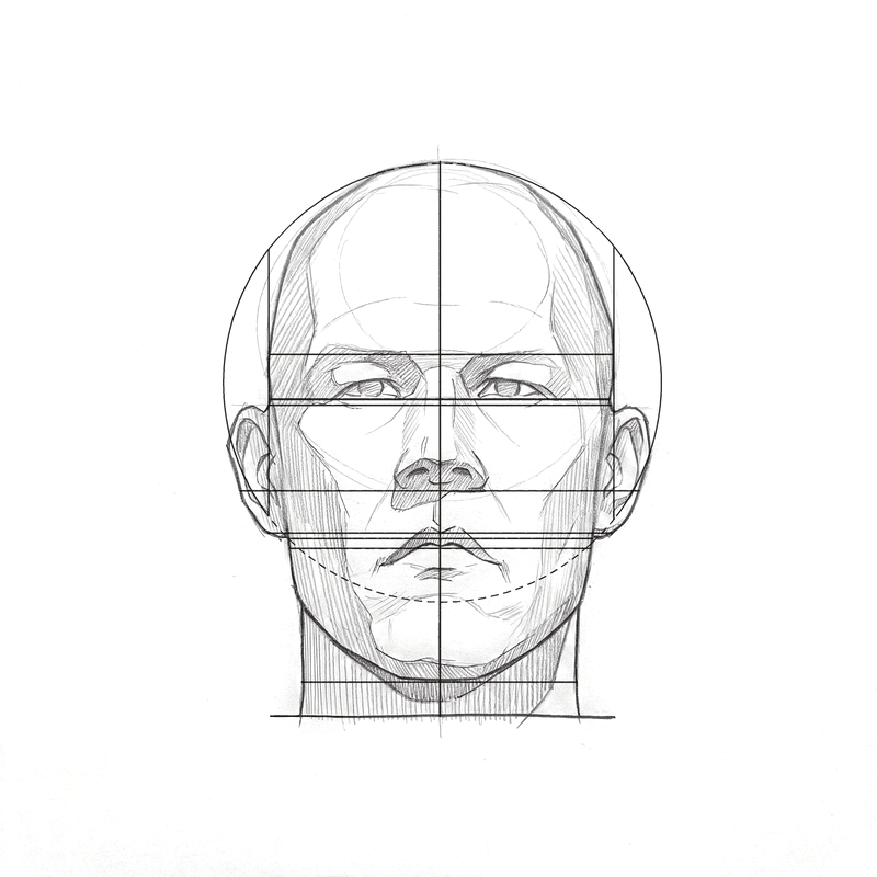 Head 1 at 0 degrees with its construction lines drawn over the plate