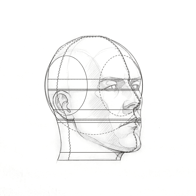 Head 1 at 45 degrees with its construction lines drawn over the plate