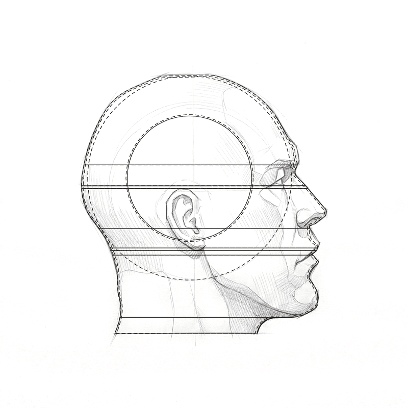 Head 1 at 90 degrees with its construction lines drawn over the plate