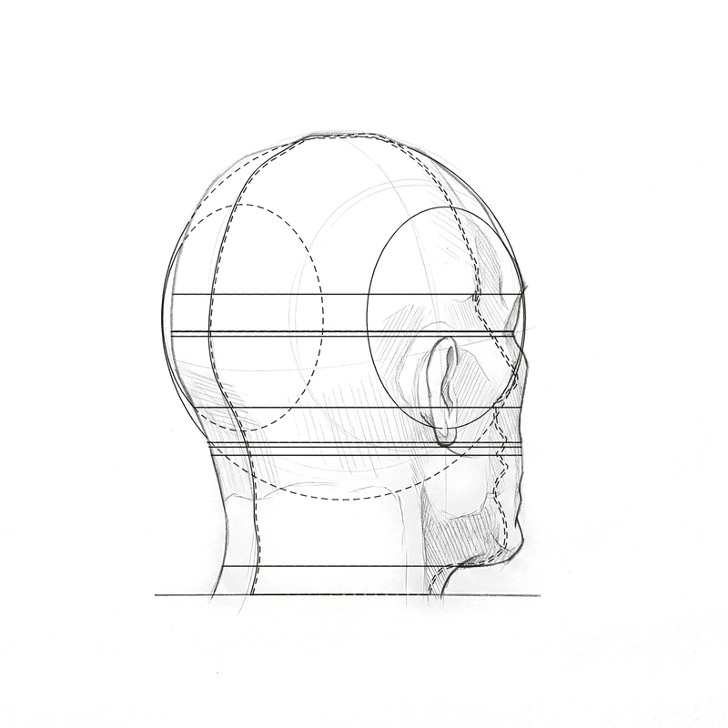 Head 1 at 135 degrees with its construction lines drawn over the plate