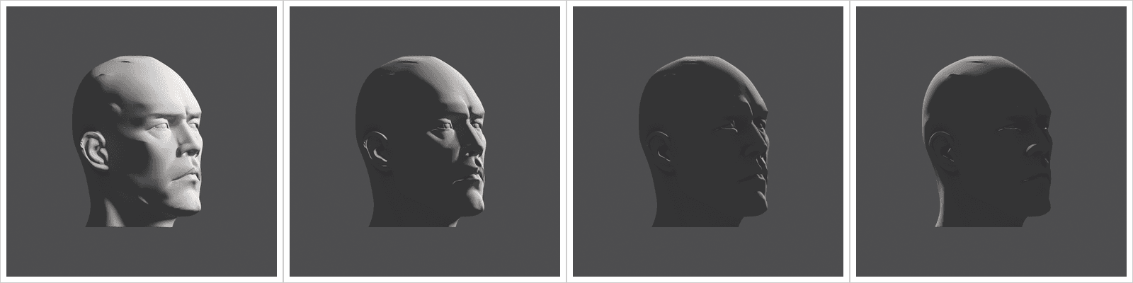 The hard plane clay head under four lights at 45 degrees