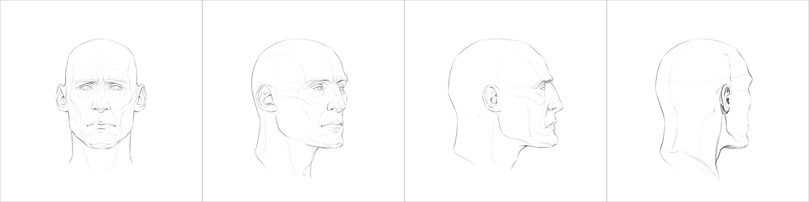 Head rotation study pack 02, four pencil angles