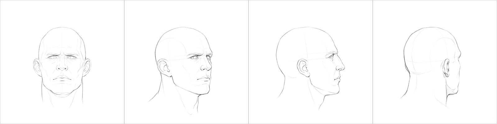 Head rotation study pack 03, four pencil angles