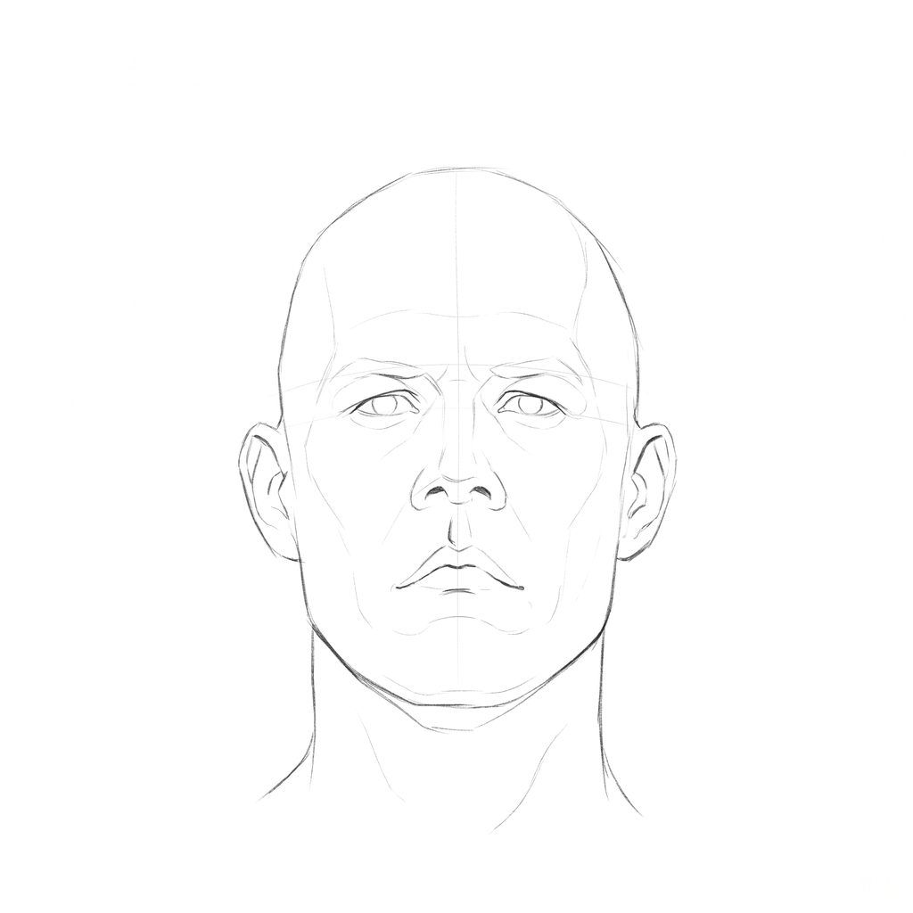 Head rotation reference, Hard plane, 0 degrees front view, pencil drawing