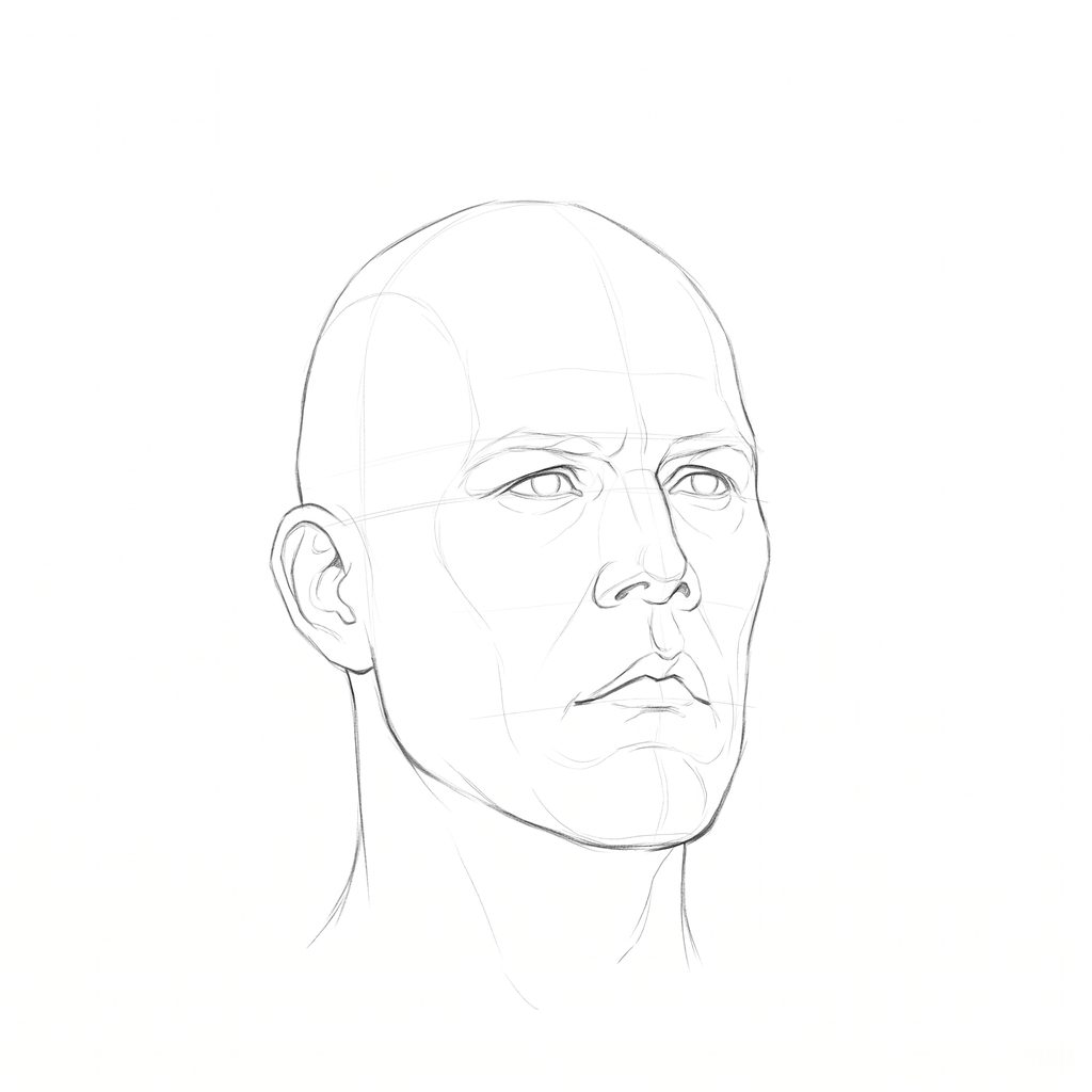 Head rotation reference, Hard plane, 22.5 degrees slight three-quarter view, pencil drawing