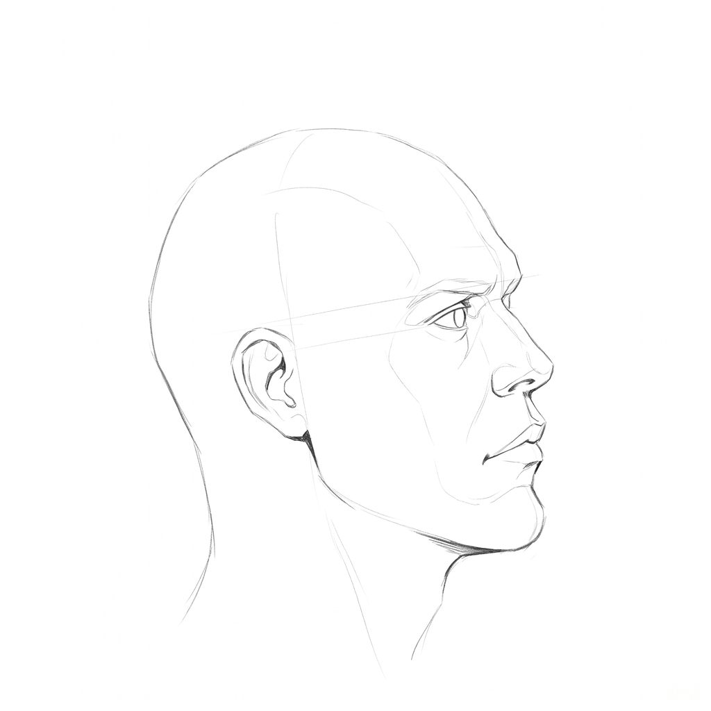 Head rotation reference, Hard plane, 67.5 degrees near-profile view, pencil drawing