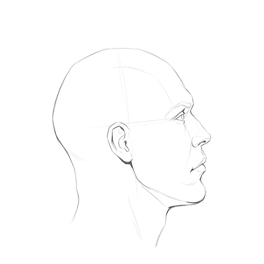 Head rotation reference, Hard plane, 90 degrees profile, pencil drawing