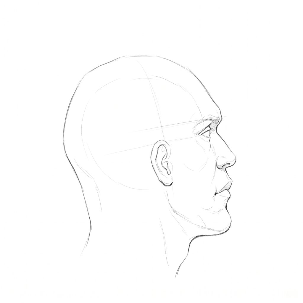 Head rotation reference, Hard plane, 112.5 degrees just behind profile, pencil drawing