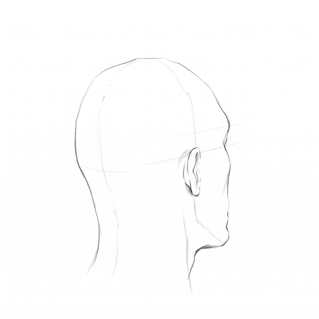 Head rotation reference, Hard plane, 135 degrees rear three-quarter, pencil drawing