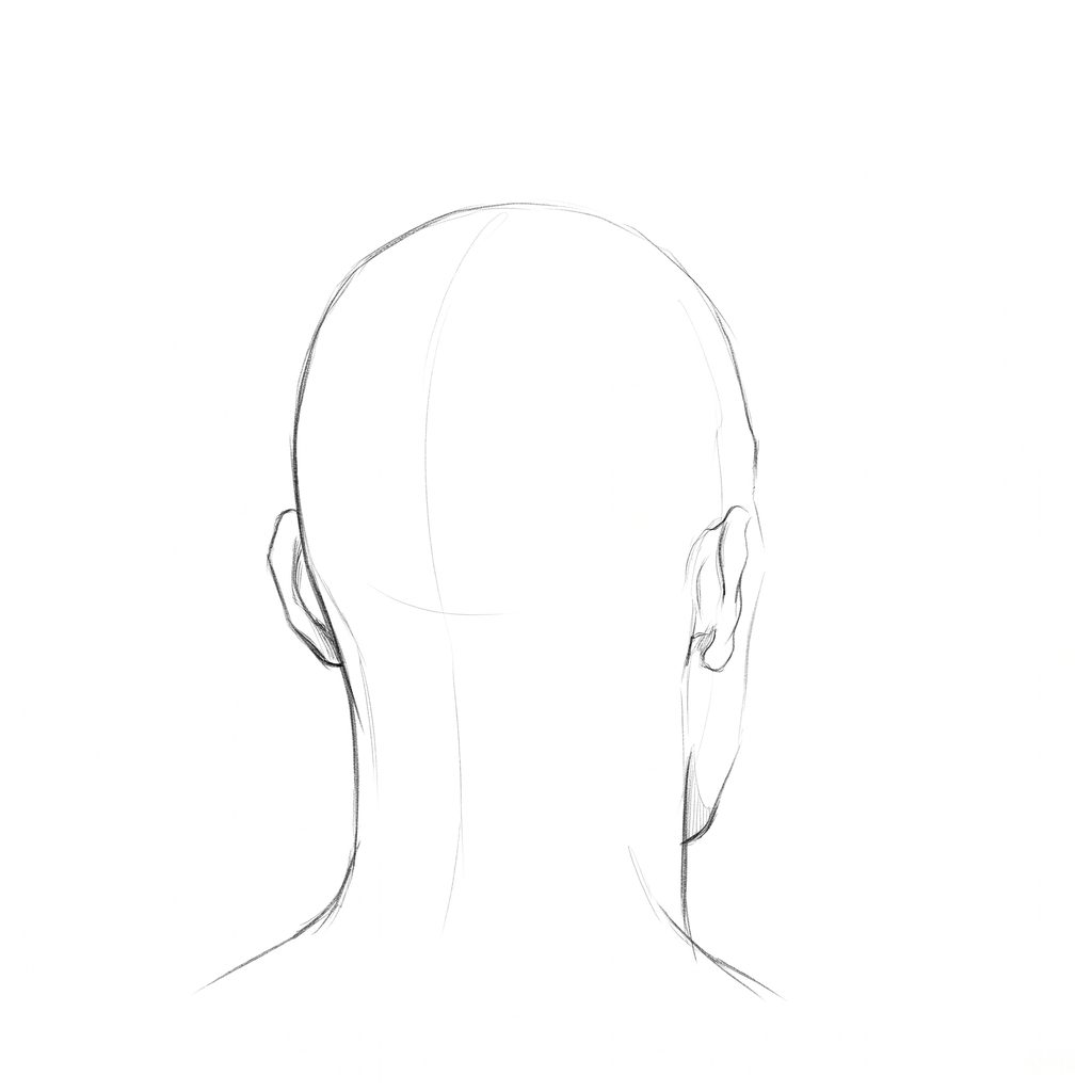 Head rotation reference, Hard plane, 157.5 degrees near-back view, pencil drawing