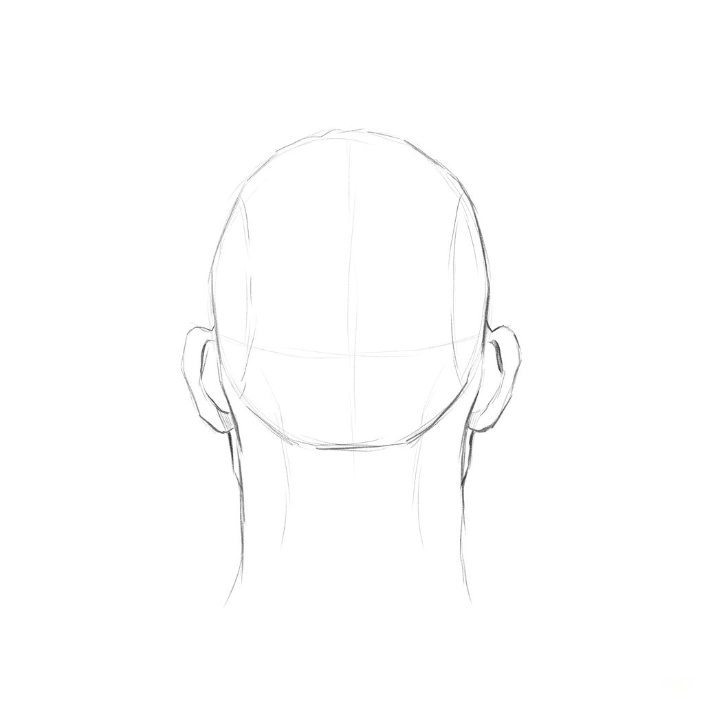 Head rotation reference, Hard plane, 180 degrees back view, pencil drawing
