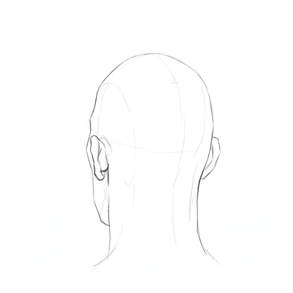 Head rotation reference, Hard plane, 202.5 degrees near-back view, pencil drawing