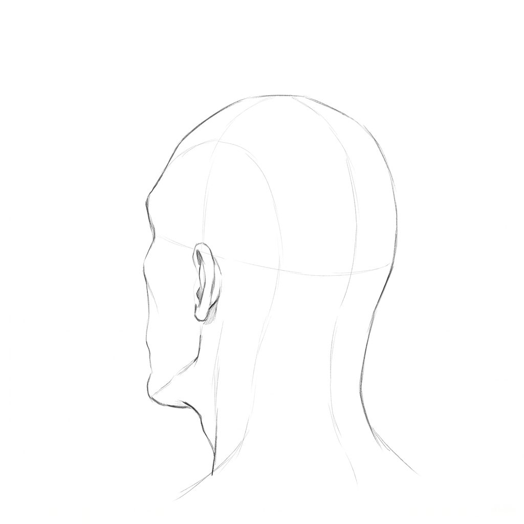 Head rotation reference, Hard plane, 225 degrees rear three-quarter, pencil drawing