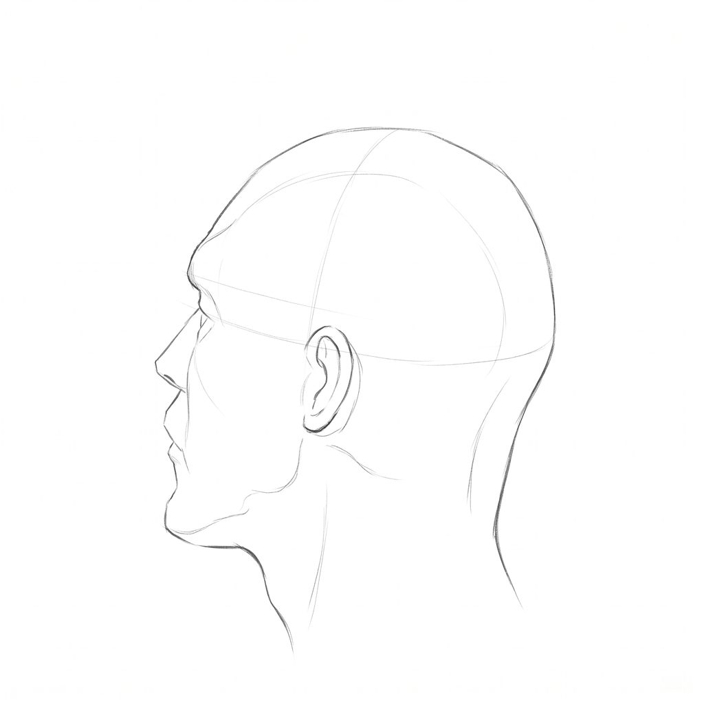Head rotation reference, Hard plane, 247.5 degrees just behind profile, pencil drawing