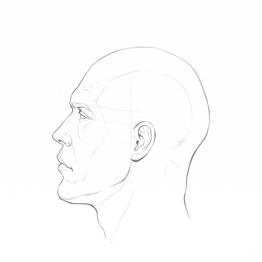 Head rotation reference, Hard plane, 270 degrees profile, pencil drawing