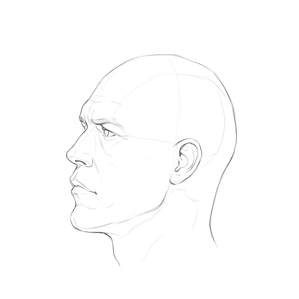 Head rotation reference, Hard plane, 292.5 degrees near-profile view, pencil drawing