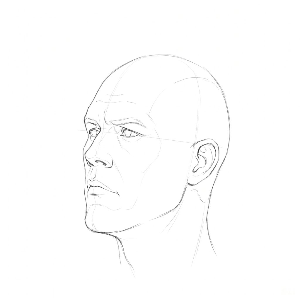 Head rotation reference, Hard plane, 315 degrees three-quarter view, pencil drawing
