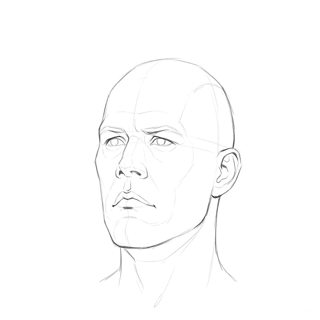 Head rotation reference, Hard plane, 337.5 degrees slight three-quarter view, pencil drawing